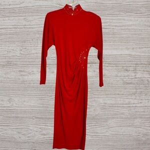 Dawn Joy Fashions Red Long-Sleeve Faux Wrap Midi Dress with Rhinestone Detail